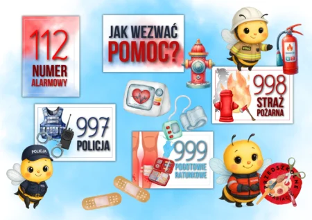 Numery alarmowe pszczółki, sówki - gazetka (PDF)